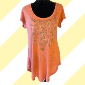 WALLPAPER Burnt Orange Tunic Tee with Bronze Metal Appliqués, Size 1X